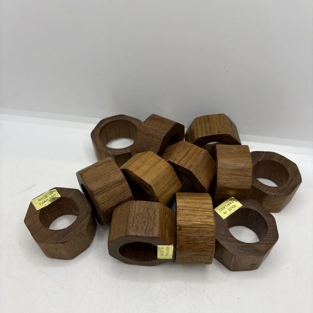 Hand Crafted Teak Wood Round Napkin Rings Made in Thailand Set of‎ 12